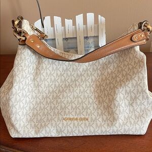 Michael Kors Cream and Tan Logo Shoulder Bag